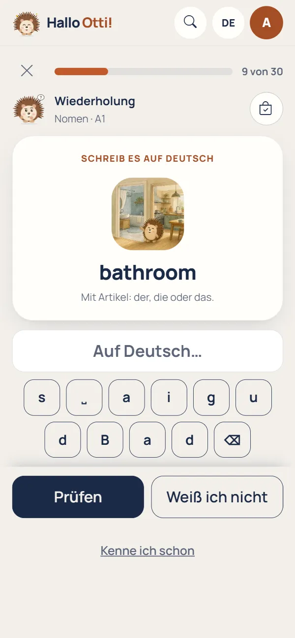 Eine Lernkarte: „bathroom“ auf Deutsch schreiben, mit Artikel.