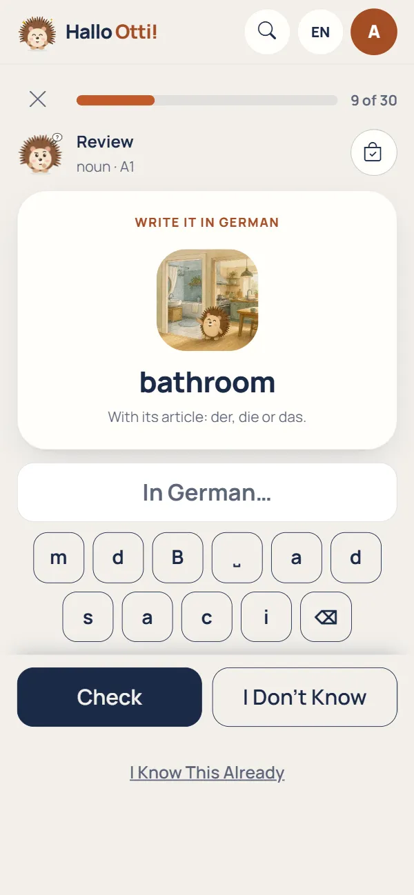 A learning card: write "bathroom" in German, with its article.