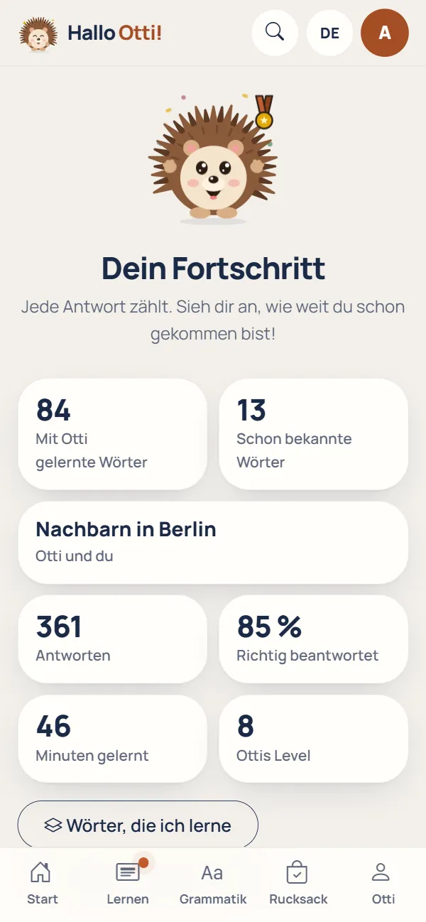 Die Fortschrittsseite: gelernte Wörter, die Freundschaft mit Otti und ein Diagramm der Antworten der letzten 30 Tage.