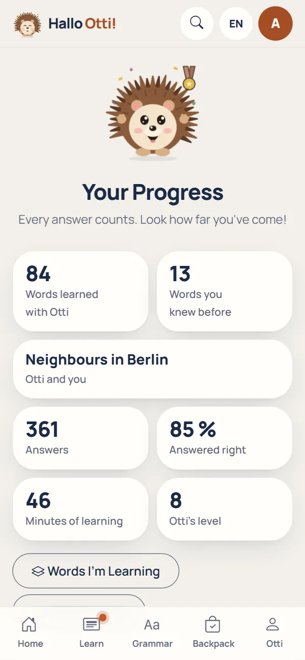 The progress page: the words learned, the friendship with Otti and a chart of the answers in the last 30 days.