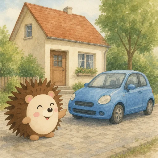 The blue car is in front of the house.