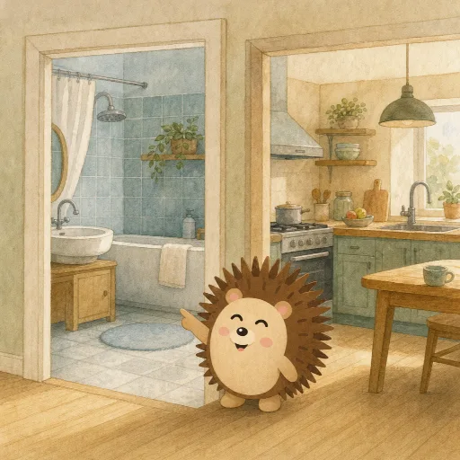 The bathroom is next to the kitchen.