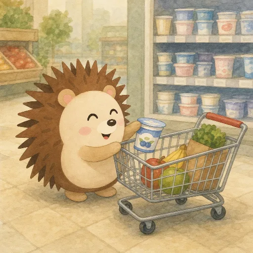 Otti puts a pot of yoghurt in the trolley.