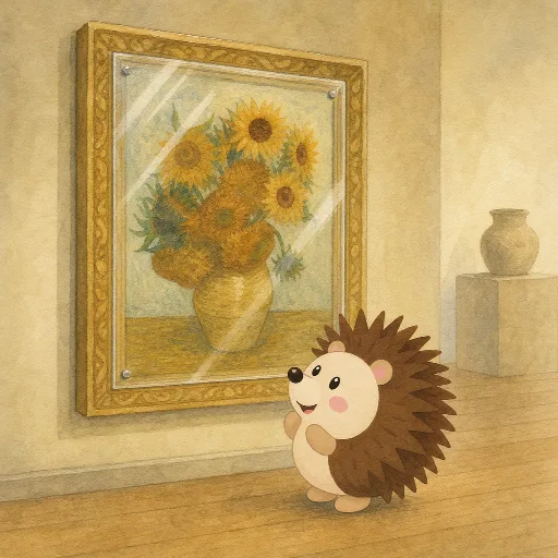 The famous painting hangs behind glass.