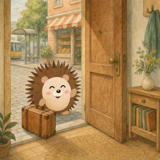 The visitor from the village is at the door with a big suitcase.