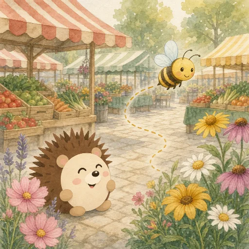 The bee flies from flower to flower.