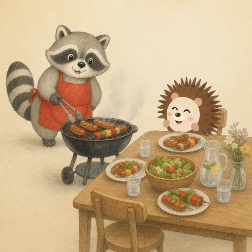 Bruno grills, then everyone eats together.