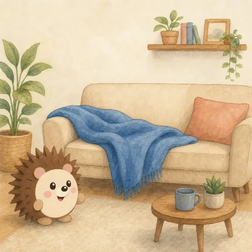 The blue blanket is lying on the sofa.