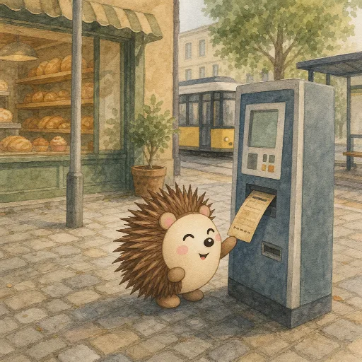 Otti buys a ticket from the machine.