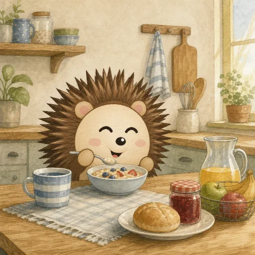 Otti has breakfast in the kitchen.