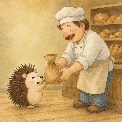The baker gives Otti a bag.