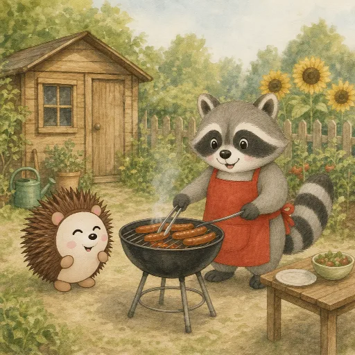 Bruno is grilling sausages in the garden.