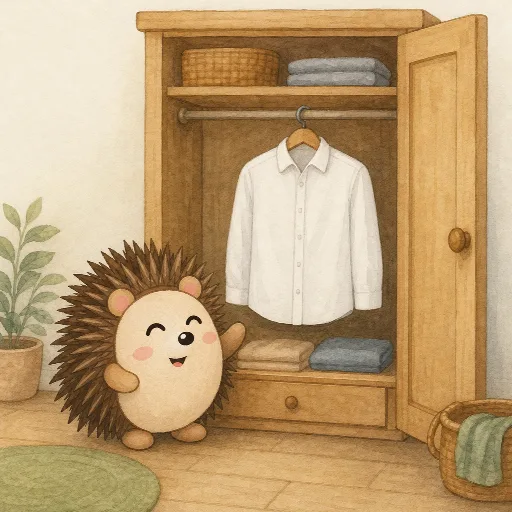 The white shirt is hanging in the wardrobe.