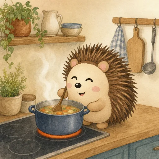 Otti cooks soup on the stove.