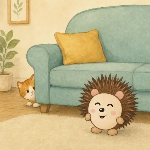 The cat is hiding behind the sofa.
