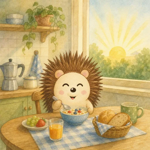 In the morning Otti has breakfast in the kitchen.