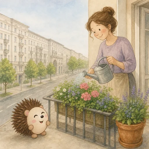 The neighbour waters the flowers on the balcony.