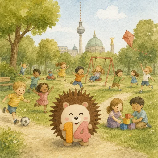 Fourteen children are playing in the park.